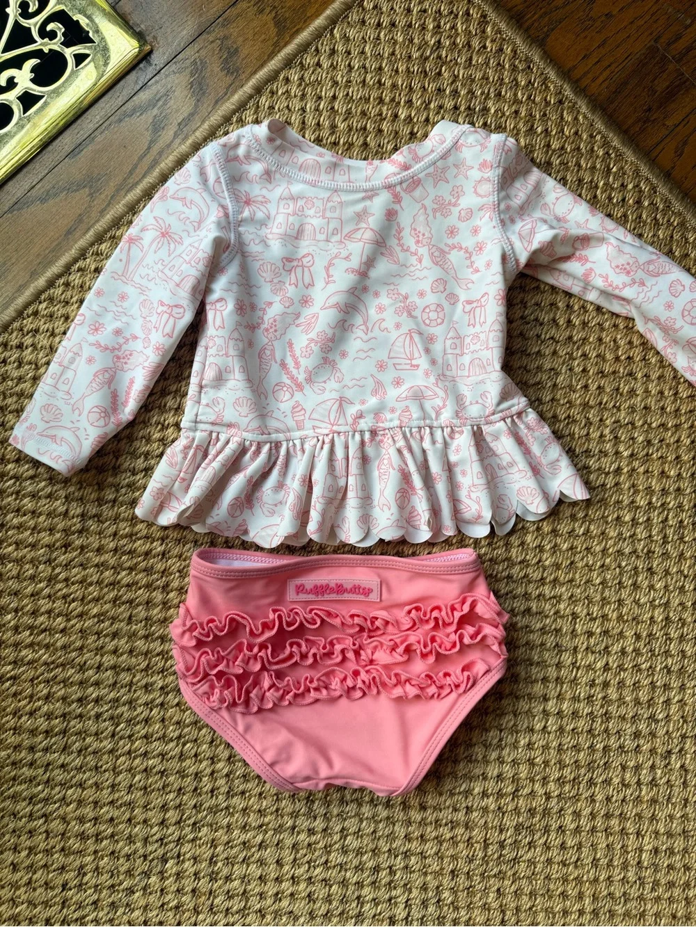 Ruffle Butts Pink and White Long Sleeve Ruffle Swim Set